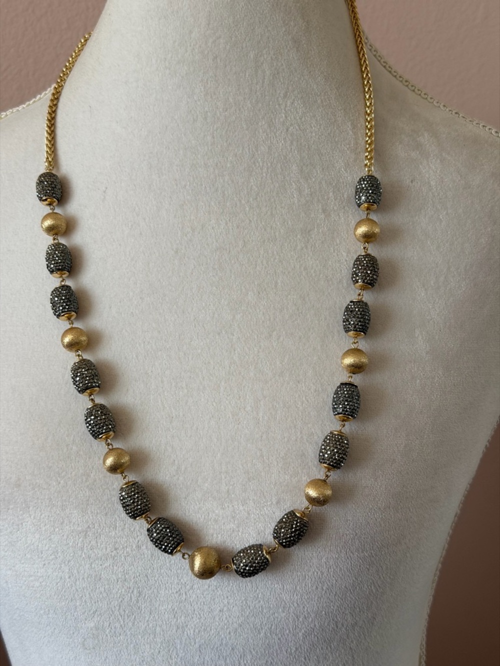 Modern Gold-Tone Pave Crystal Bead Necklace – Mixed Texture Statement Chain